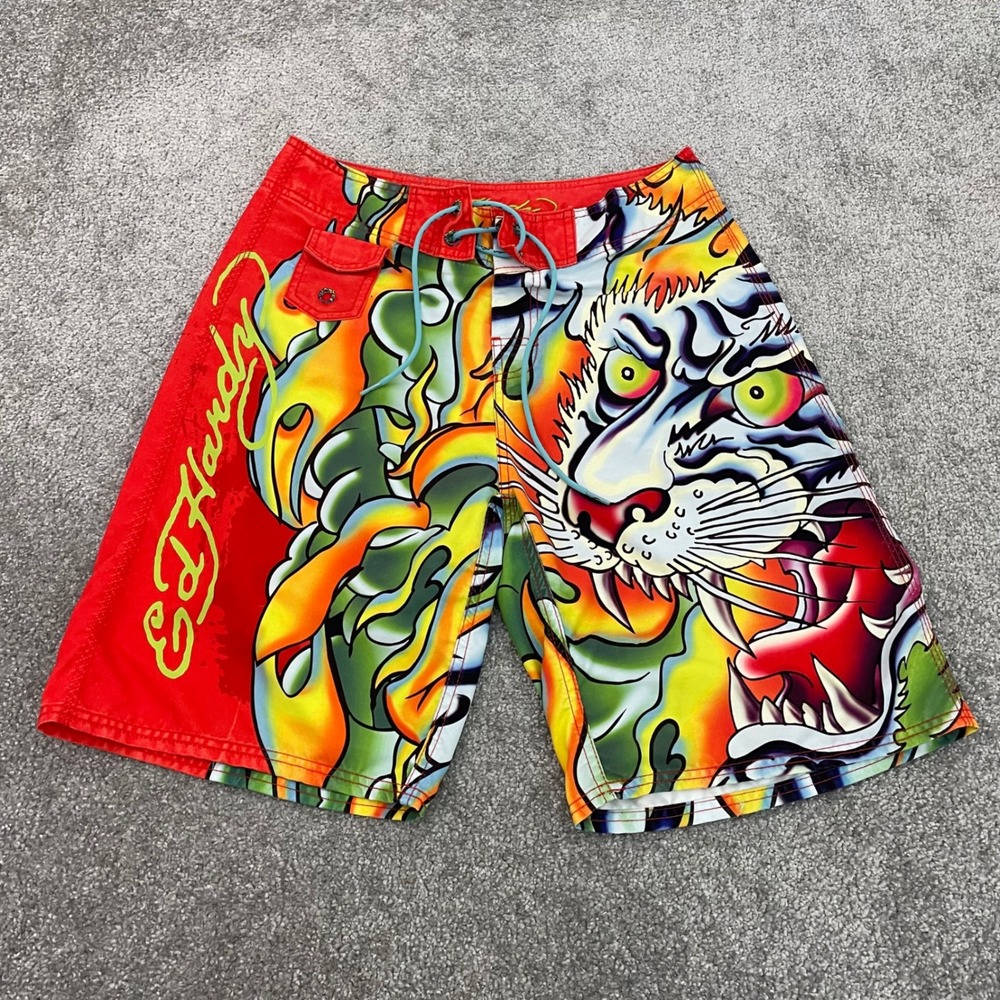 Ed Hardy Board Shorts Mens 32 Tiger Flame Swim Trunks Christian Audigier Y2K
